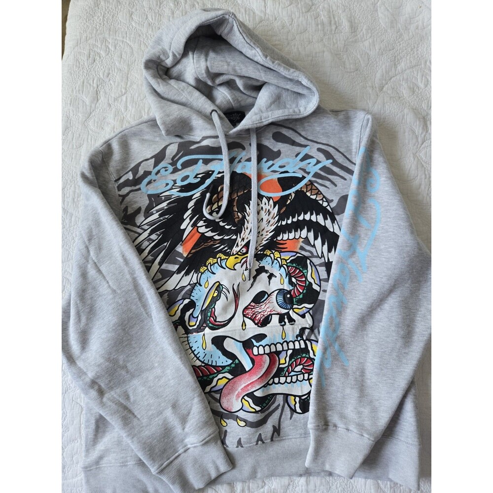 Ed Hardy Hoodie Men’s Sz XL Heather Gray Yellow Hair Skull Pullover Sweatshirt